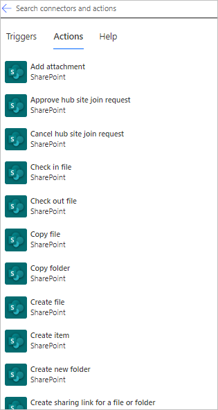Zrzut ekranu przedstawiający niektóre czynności SharePoint, takie jak „Dodaj załącznik” i „Wpisz plik”.