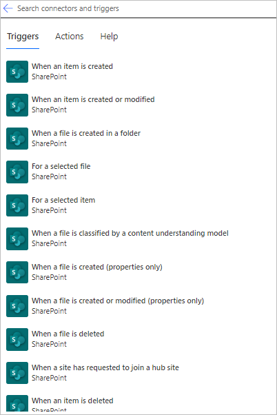 Zrzut ekranu przedstawiający niektóre wyzwalacze SharePoint, takie jak „Podczas tworzenia elementu”.