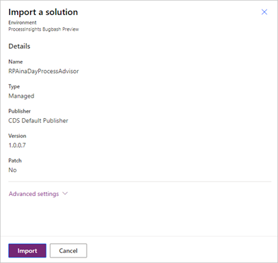 Zrzut ekranu przedstawiający ekran Importowanie rozwiązania.