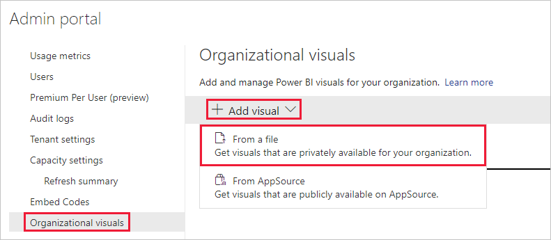 Screenshot showing the organizational visuals menu in the Power BI admin settings. The add visual option is expanded, and the from a file option is selected.