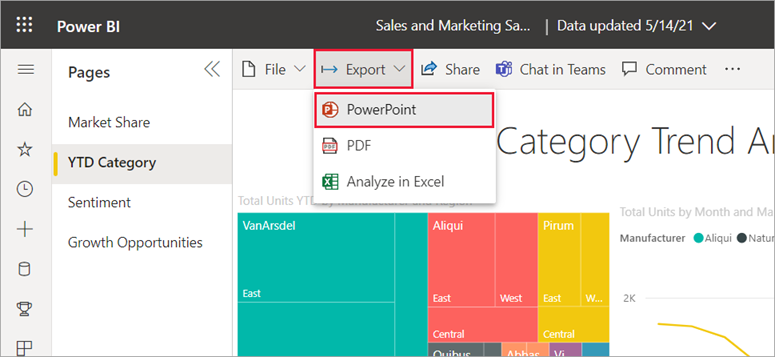 Screenshot showing Export PowerPoint menu bar selections.