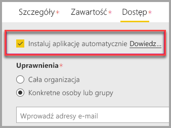 Zrzut ekranu przedstawiający portal administracyjny usługi Power BI z wybraną automatycznie pozycją Zainstaluj aplikację.