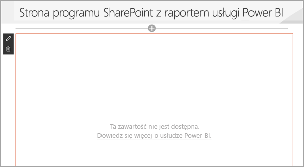 Zrzut ekranu przedstawiający stronę programu SharePoint z raportem usługi Power BI pokazującym, że zawartość nie jest dostępna.