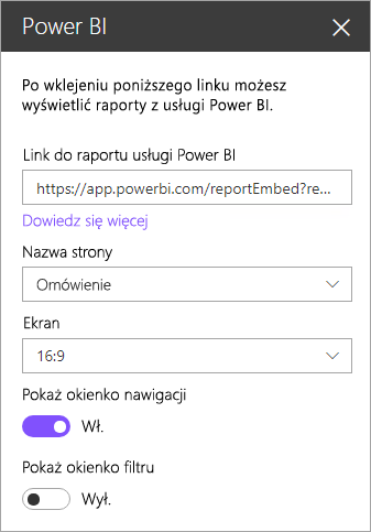 Zrzut ekranu przedstawiający okno dialogowe właściwości nowego składnika Web Part programu SharePoint z wyróżnionym linkiem raportu usługi Power BI.