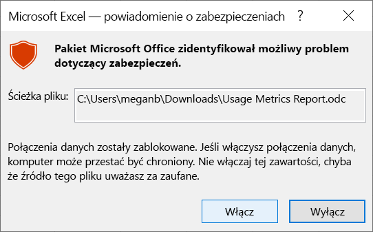 Zrzut ekranu przedstawiający powiadomienie o zabezpieczeniach programu Excel.