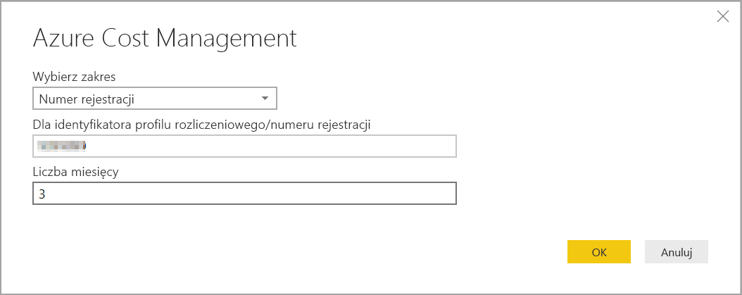Zrzut ekranu przedstawia właściwości usługi Microsoft Cost Management z zakresem numeru rejestracji.