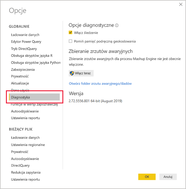 Screenshot of the Diagnostics section of the Power BI Desktop Options screen with the link to open the crash dump/traces folder.