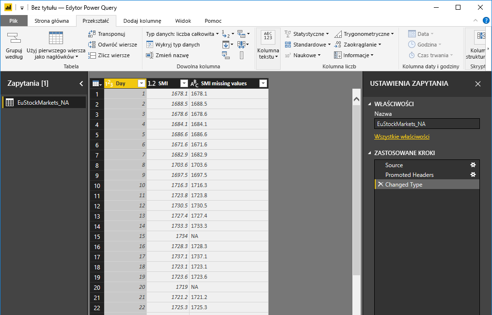 Screenshot of the Transform tab, showing rows of data.