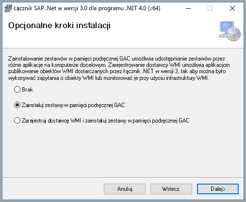 Zrzut ekranu przedstawiający opcjonalne kroki konfiguracji oprogramowania SAP z wybraną pozycją Zainstaluj zestawy w usłudze GAC.