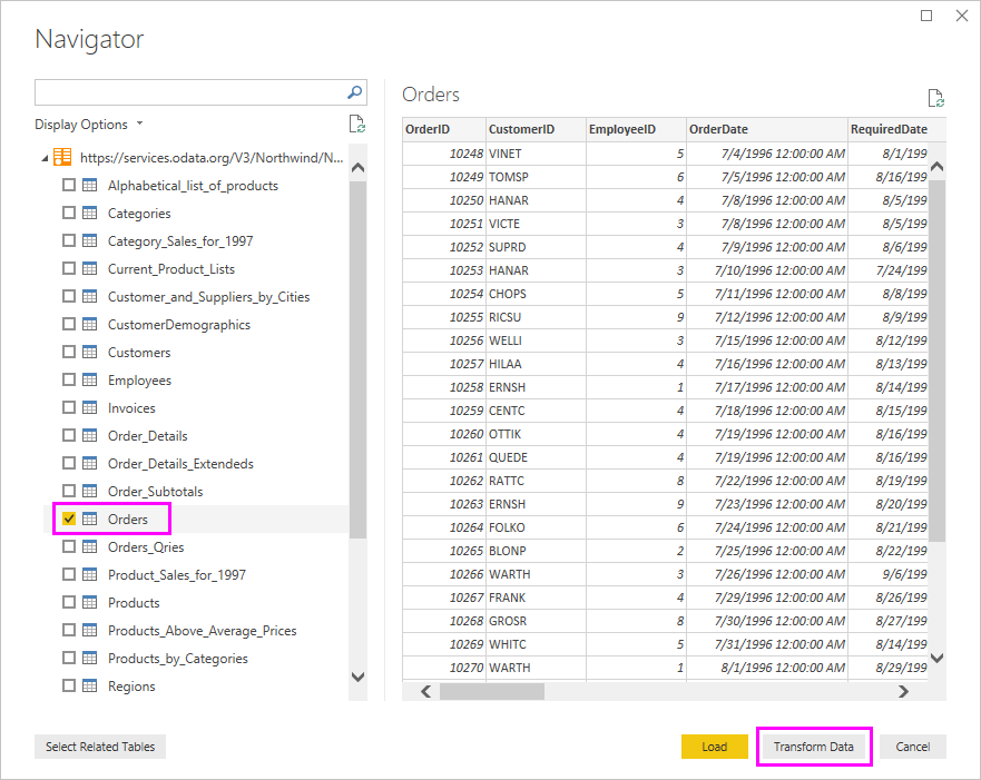 Screenshot that highlights the Orders table in the OData navigator.