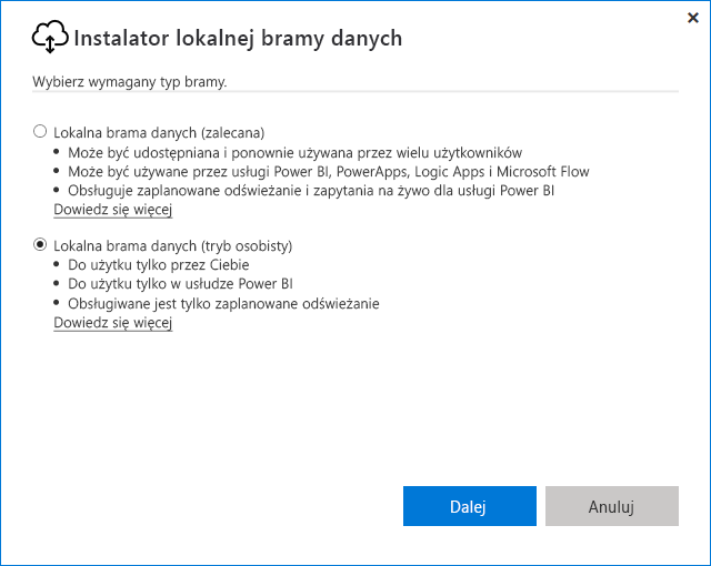 Screenshot that shows selecting the on-premises data gateway (personal mode).