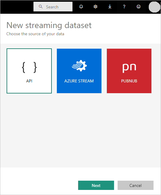 Zrzut ekranu przedstawiający opcje Nowy zestaw danych przesyłania strumieniowego z opcjami interfejsu API, usługi Azure Stream i PubNub.