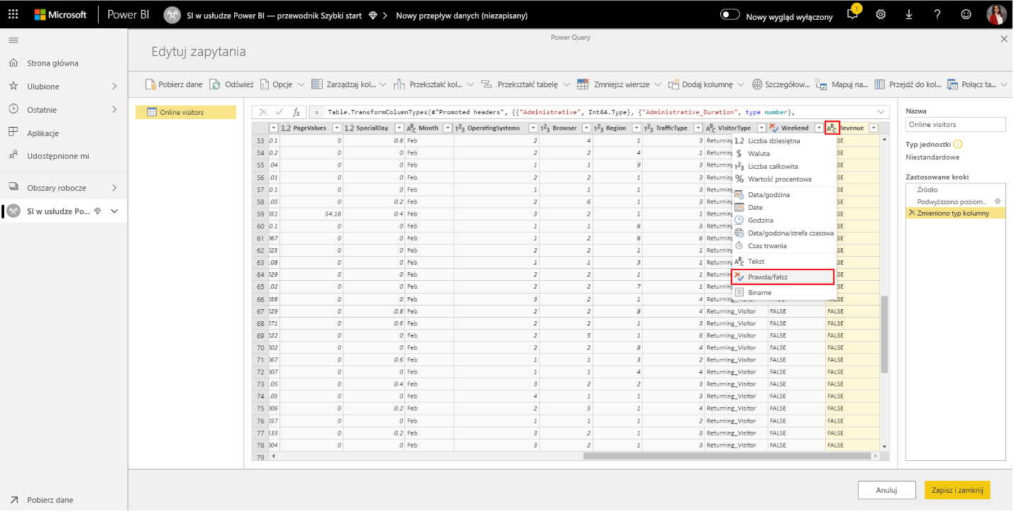 Screenshot of changing the query name and Revenue column data type.