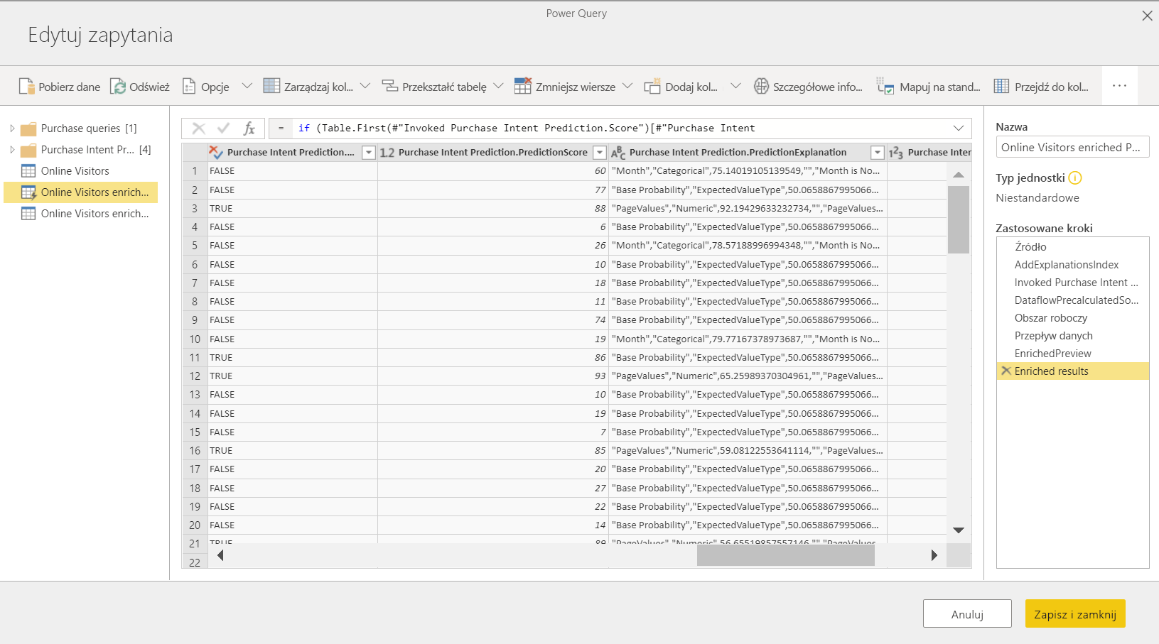 Screenshot that shows viewing the results in the Online visitors enriched Purchase intent prediction table.