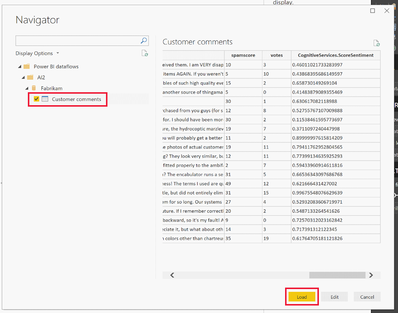 Screenshot shows the Navigator with the Customer comments table selected.