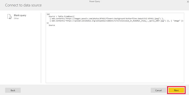 Screenshot shows Connect to data source, which shows your query and a Next button.
