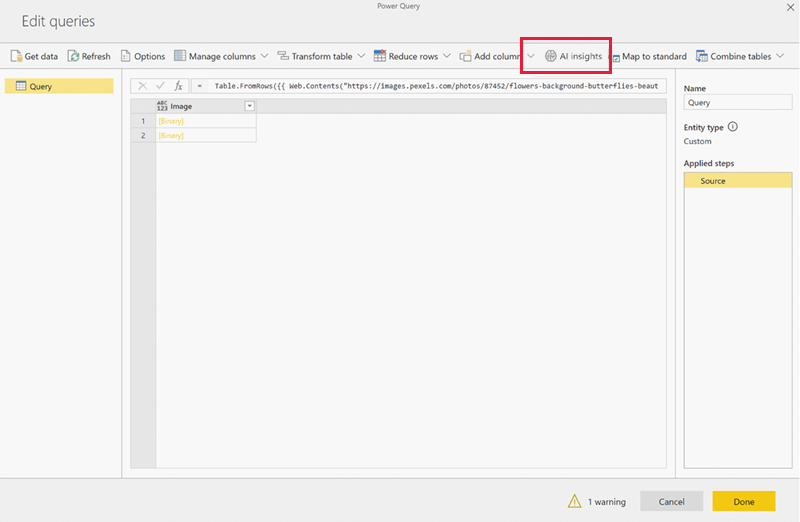 Screenshot shows Edit queries with All insights selected and one warning displayed.