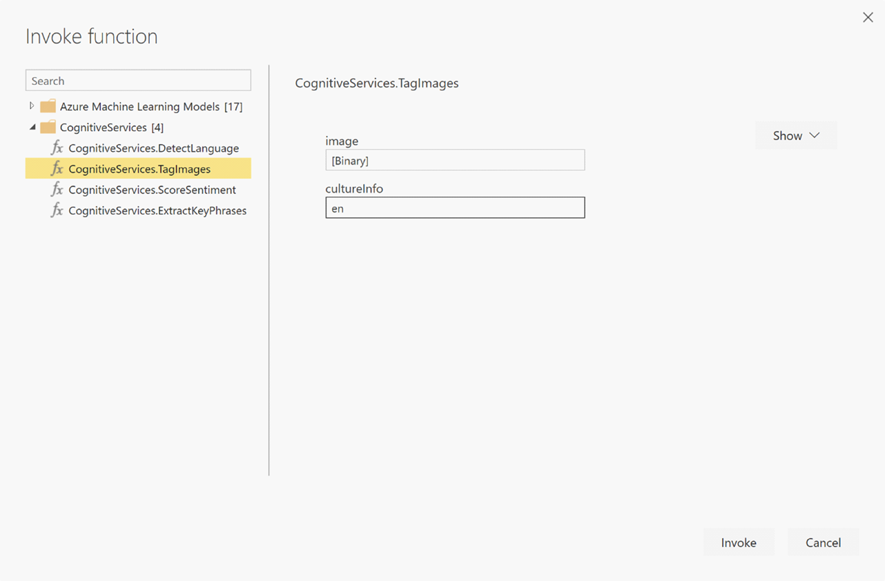 Screenshot shows Invoke function with the TagImages function selected.