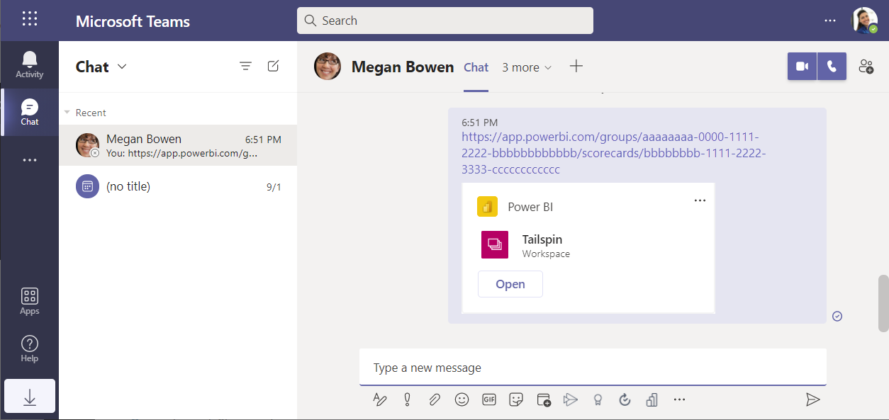 Zrzut ekranu przedstawiający bogatą kartę wysłaną w wiadomości czatu usługi Teams.