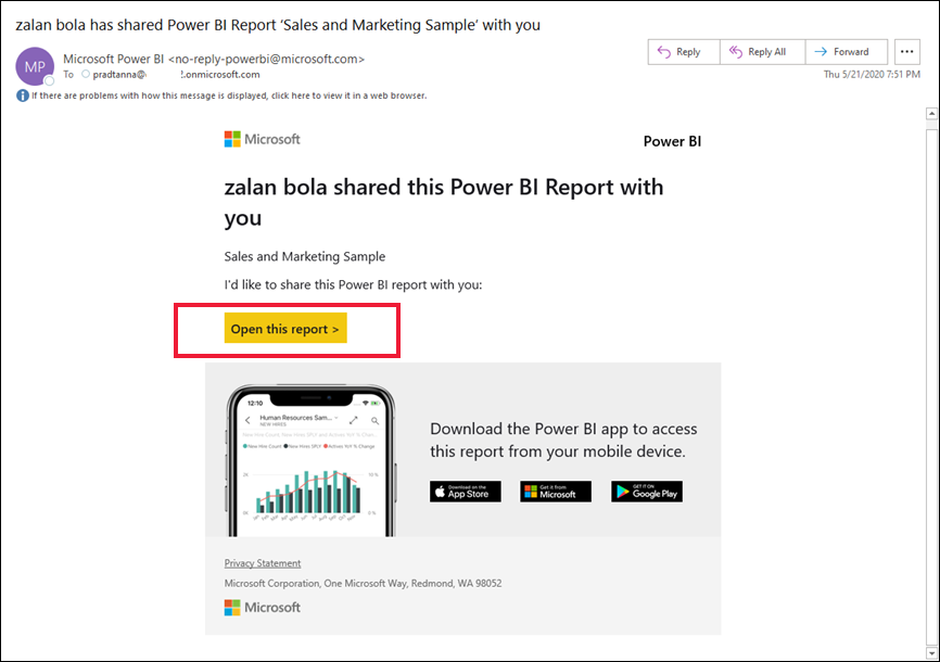 A screenshot that shows an email that contains a link to a report.