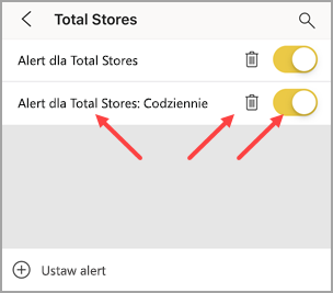 Screenshot of an alert, pointing to the alert name, garbage can to delete the alert, and slider to turn the alert off.