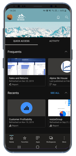 Zrzut ekranu przedstawiający tryb ciemny w aplikacji mobilnej Power BI dla systemu Android.