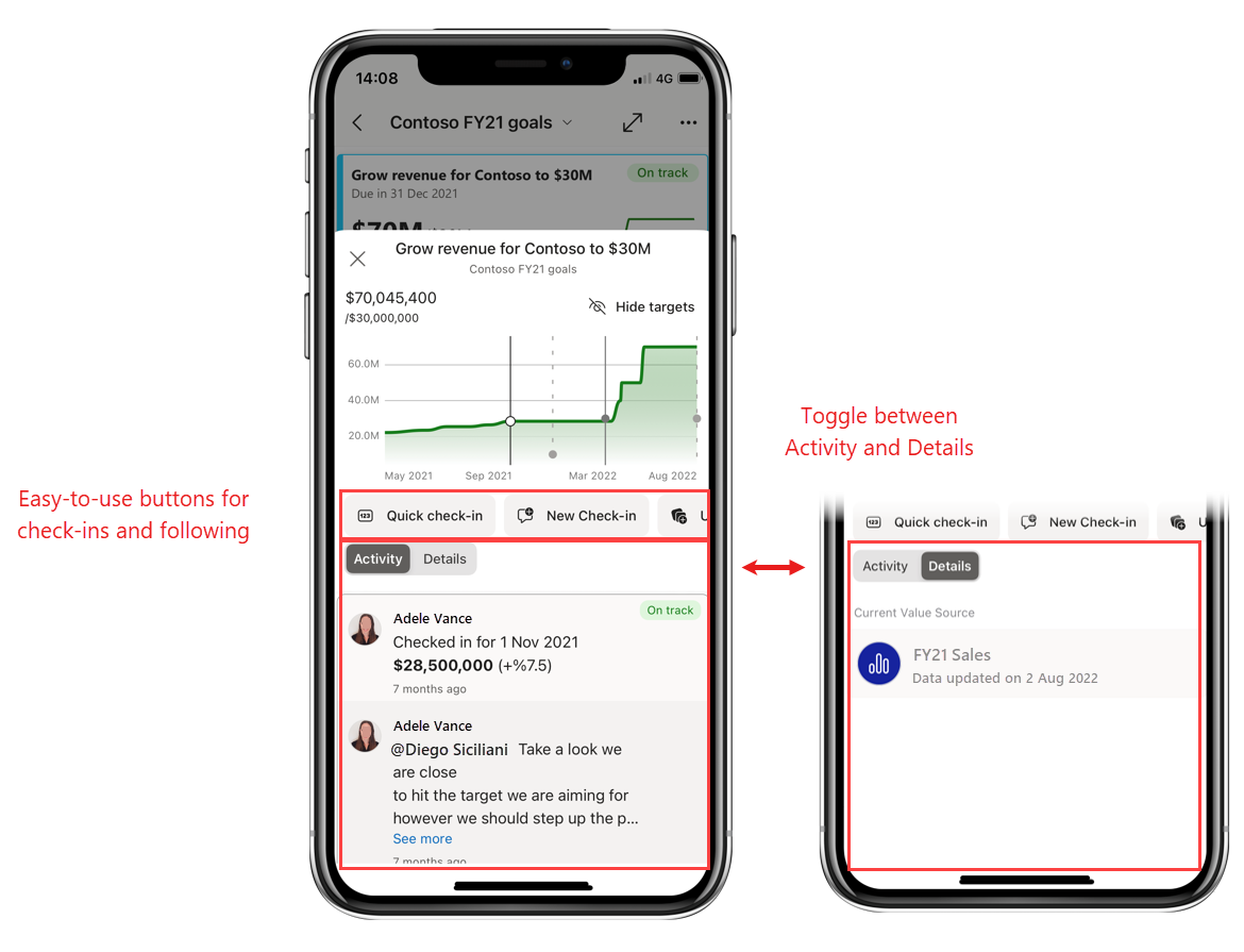 Zrzut ekranu przedstawiający nowe i ulepszone okienko szczegółów metryk w aplikacji mobilnej Power BI.