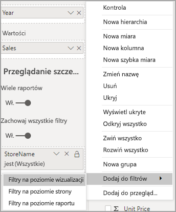 Zrzut ekranu przedstawiający menu opcji z wyróżnionymi pozycjami Dodaj do filtrów i filtrami na poziomie wizualnym.