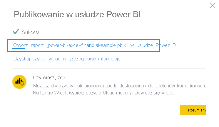 Zrzut ekranu przedstawiający otwieranie raportu w usługa Power BI.