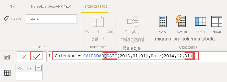 Zrzut ekranu przedstawiający kalendarz wyrażeń języka DAX.