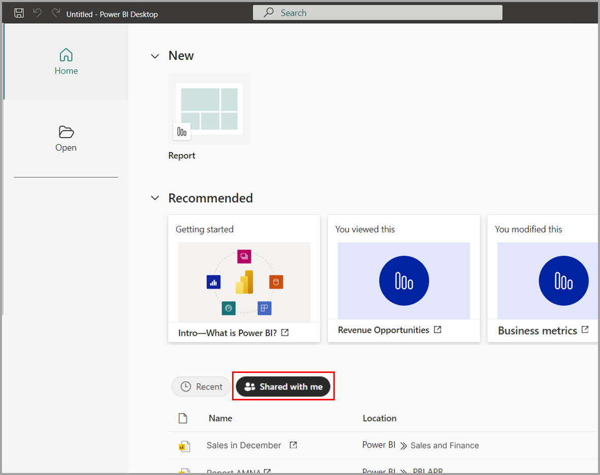 Zrzut ekranu przedstawiający udostępnione raporty w witrynie głównej programu Power BI Desktop.
