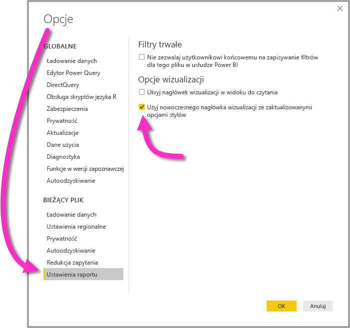 Screenshot of the Options menu, highlighting Report settings and the Use the modern visual header with updated styling options checkbox.