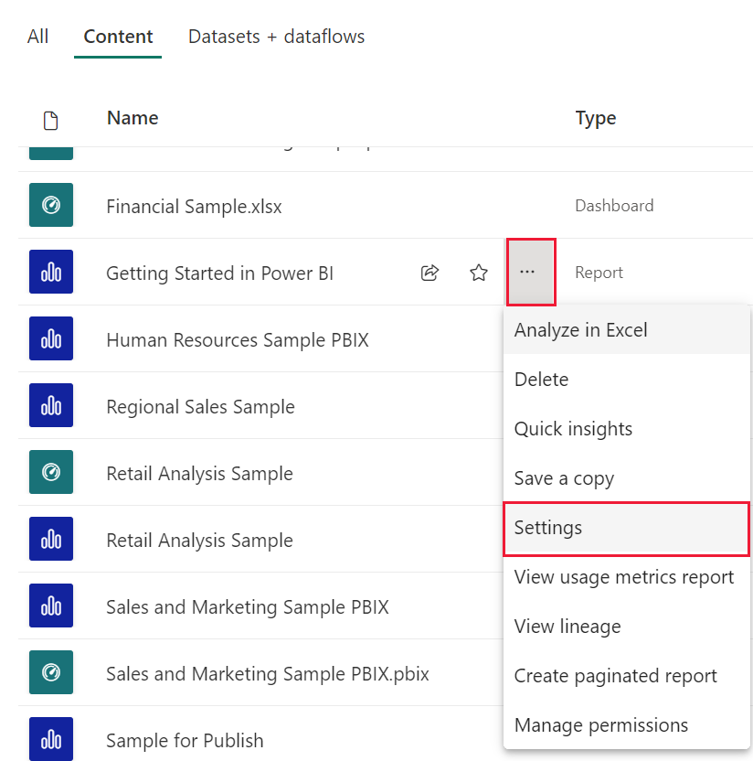 Screenshot highlighting Report settings in the Power BI service.