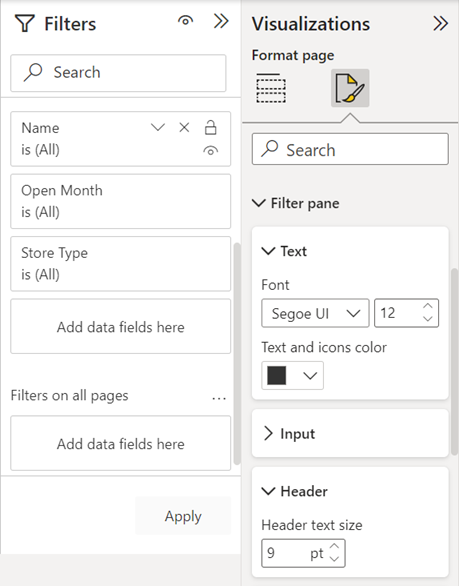 Zrzut ekranu przedstawiający okienko Filtry, Formatowanie tekstu przycisku Zastosuj filtr.