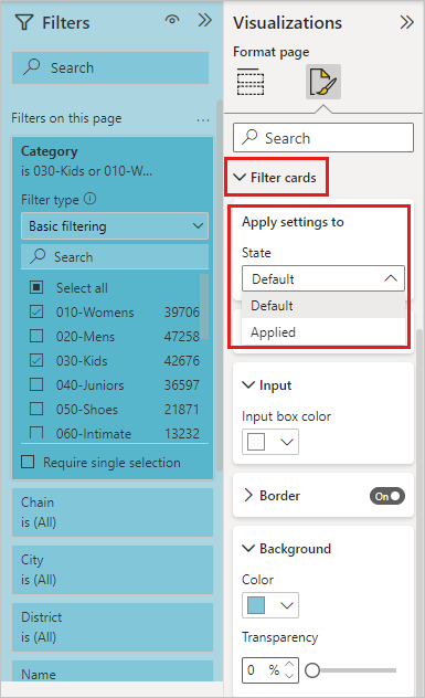 Zrzut ekranu przedstawiający okienko Wizualizacje z wyróżnionymi opcjami Karty filtrów.