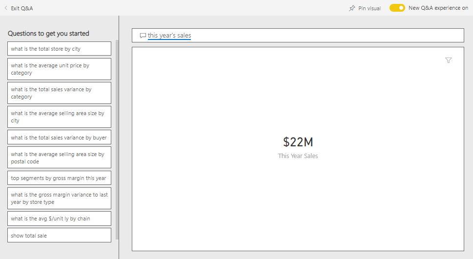 Screenshot shows This year's sales in Q&A tile.