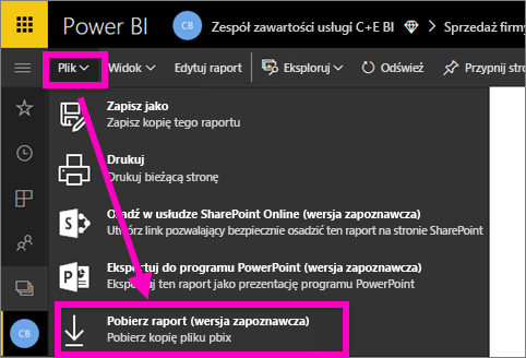 Zrzut ekranu przedstawiający menu pliku w usługa Power BI z wyróżnioną opcją 