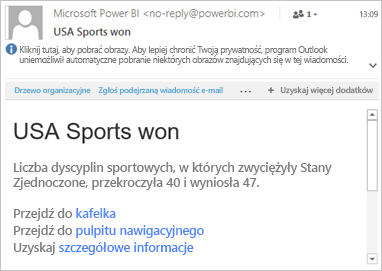 Screenshot of an example email with links to Power BI.