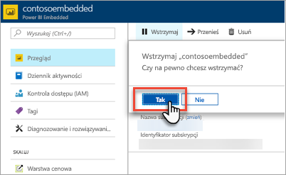 Screenshot of the Azure portal, which shows the highlighted Yes button in the pause capacity dialog.