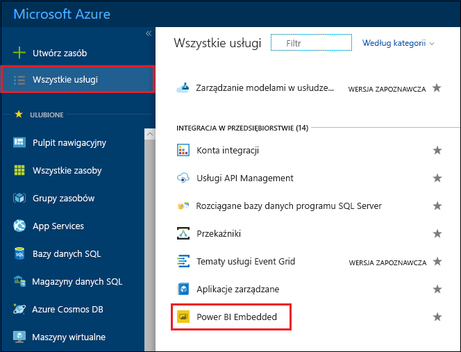 Screenshot of the Azure portal, which shows the Azure services list.