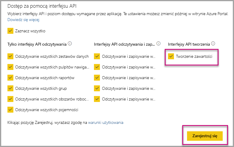 Zrzut ekranu przedstawiający narzędzie konfiguracji osadzania usługi Power BI z wybraną opcją Utwórz interfejsy API.