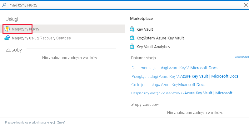 Zrzut ekranu przedstawiający okno witryny Azure Portal z linkiem do usługi key vault na liście Usługi.