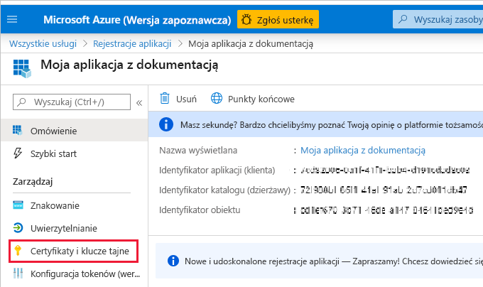 Zrzut ekranu przedstawiający okno witryny Azure Portal z okienkiem certyfikatów i wpisów tajnych dla aplikacji.