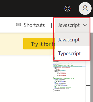 Zrzut ekranu przedstawiający menu umożliwiające wybranie języka JavaScript lub TypeScript.