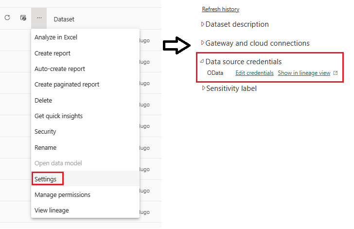 Zrzut ekranu przedstawiający opcję ustawień zestawu danych w portalu usługi Power BI.