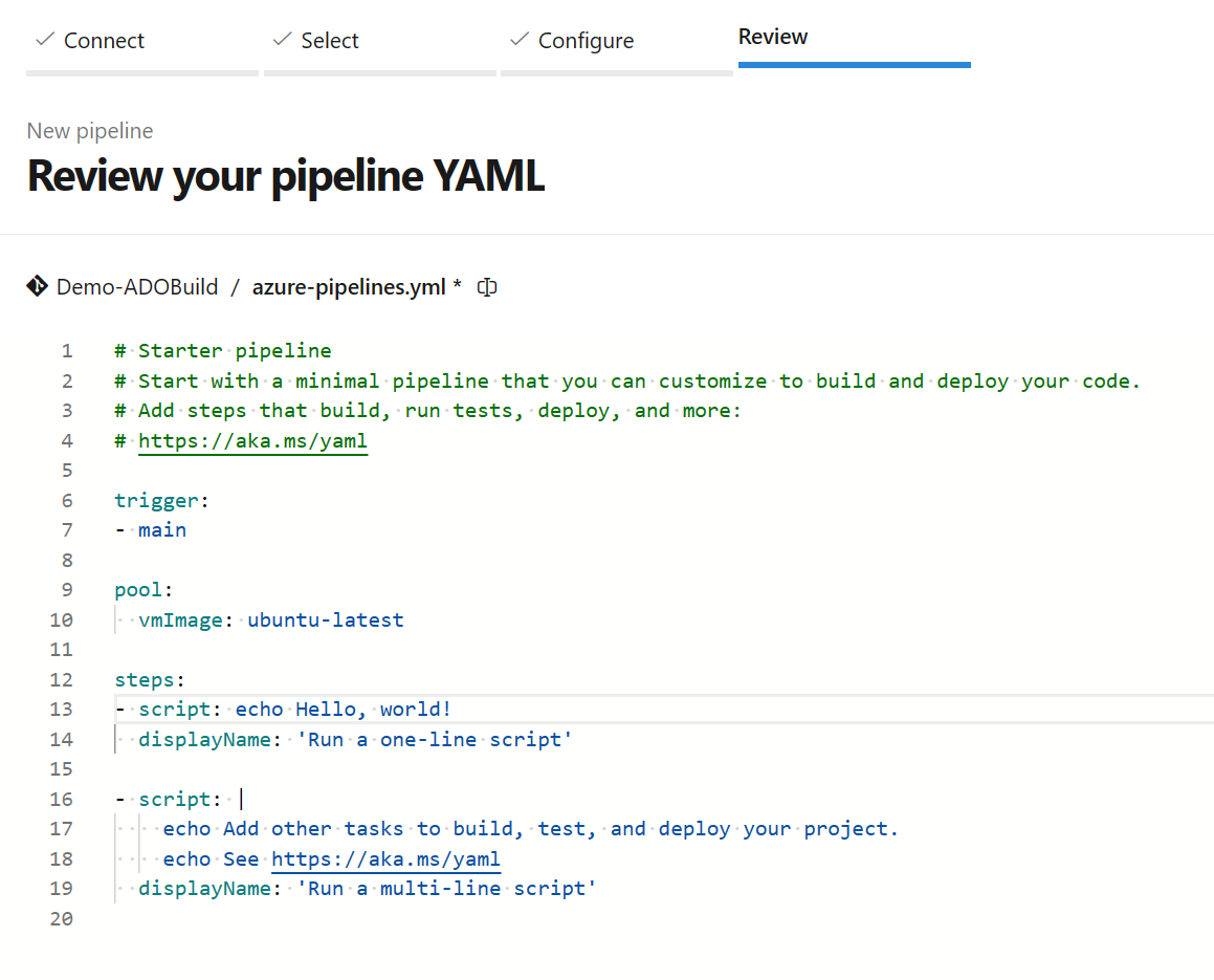 Zrzut ekranu przedstawiający domyślny kod YAML.