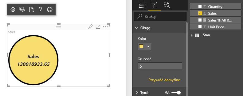 Zrzut ekranu przedstawiający wizualizację karty circle circle w usłudze Power BI z opcjami formatu koloru i grubości obramowania.