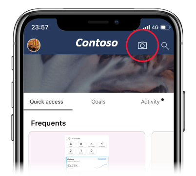 Zrzut ekranu ikony kamery Power BI w nagłówku aplikacji.