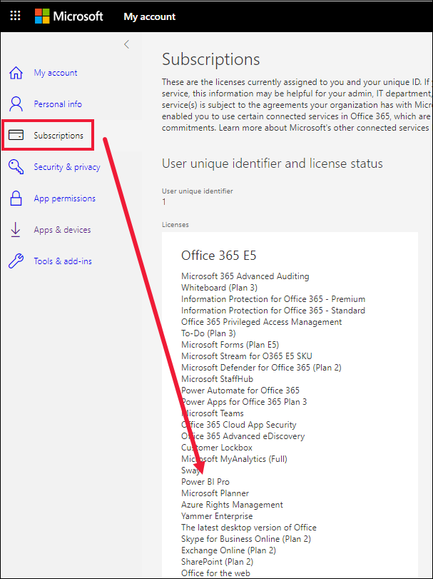 Zrzut ekranu przedstawiający listę licencji usługi Office 365 E5.