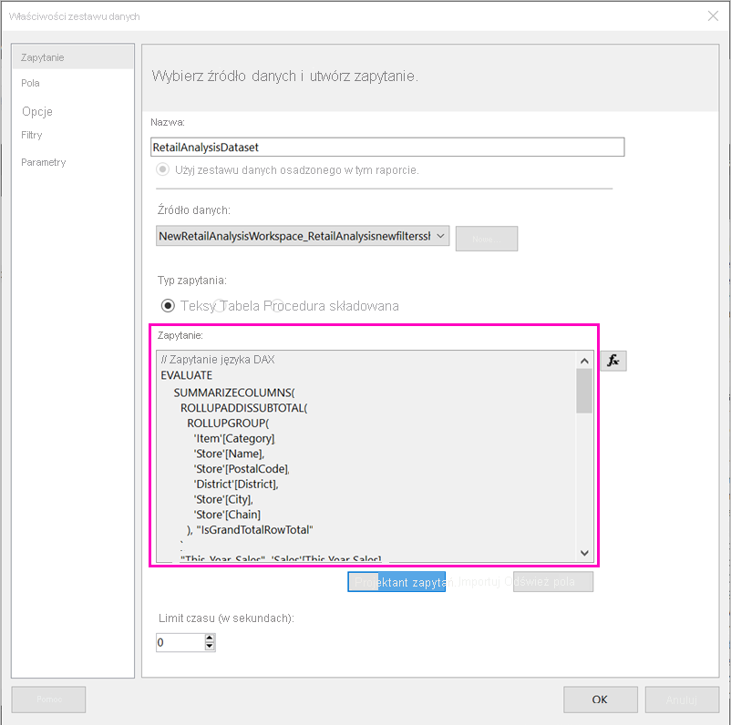 Screenshot of the Dataset properties dialog box.